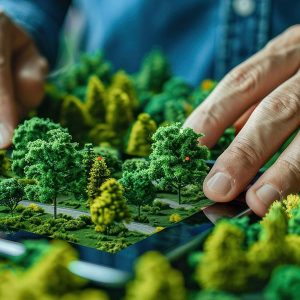Hand interacting with a phone with a forest coming out from it